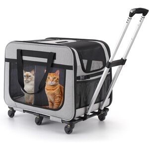 Grey Large Rolling Pet Carrier – 2 Cats / 1 Dog Telescopic Handle Spinner Wheels